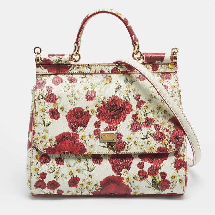 Pre Owned Dolce & Gabbana Red/White Leather Medium Floral Miss Sicily Top Handle Bag