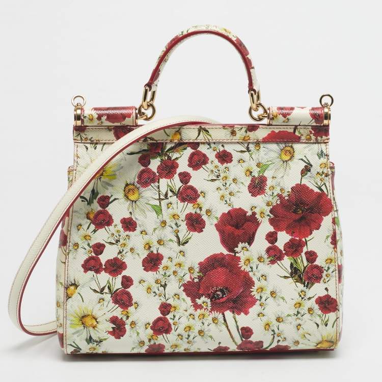 Pre Owned Dolce & Gabbana Red/White Leather Medium Floral Miss Sicily Top Handle Bag