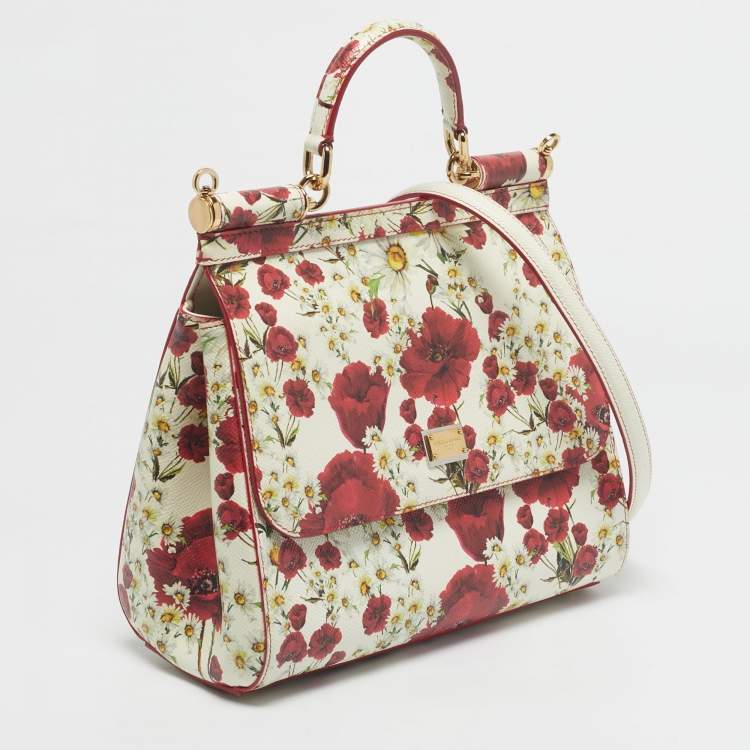 Pre Owned Dolce & Gabbana Red/White Leather Medium Floral Miss Sicily Top Handle Bag
