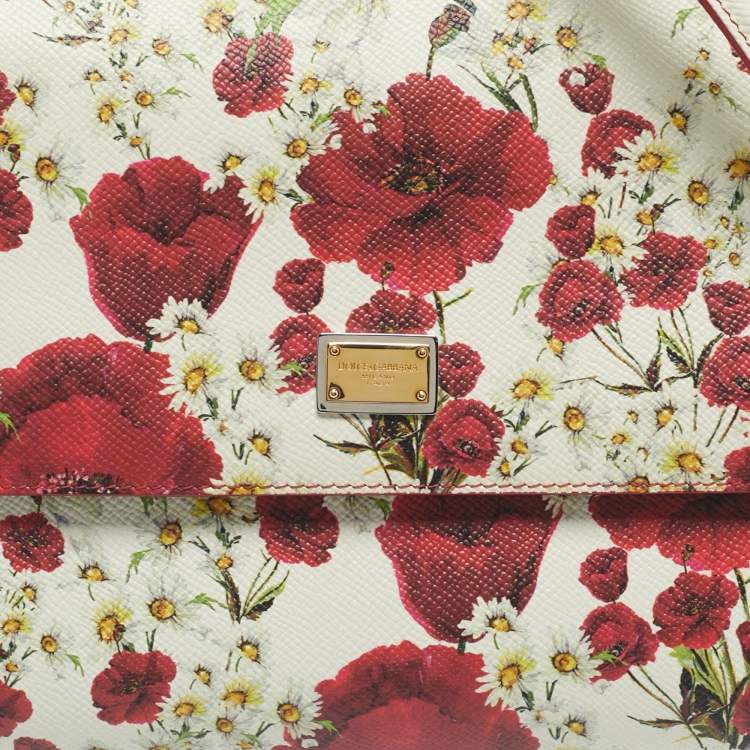 Pre Owned Dolce & Gabbana Red/White Leather Medium Floral Miss Sicily Top Handle Bag