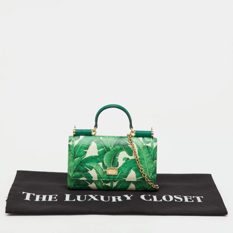 Pre Owned Dolce & Gabbana Green Leaf Print Leather Miss Sicily Von Wallet On Chain