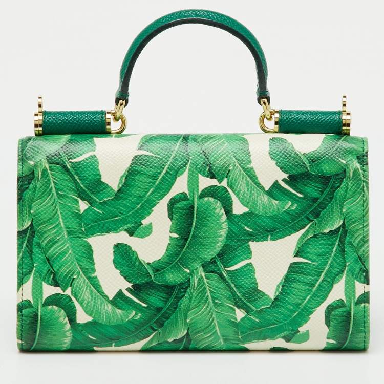 Pre Owned Dolce & Gabbana Green Leaf Print Leather Miss Sicily Von Wallet On Chain