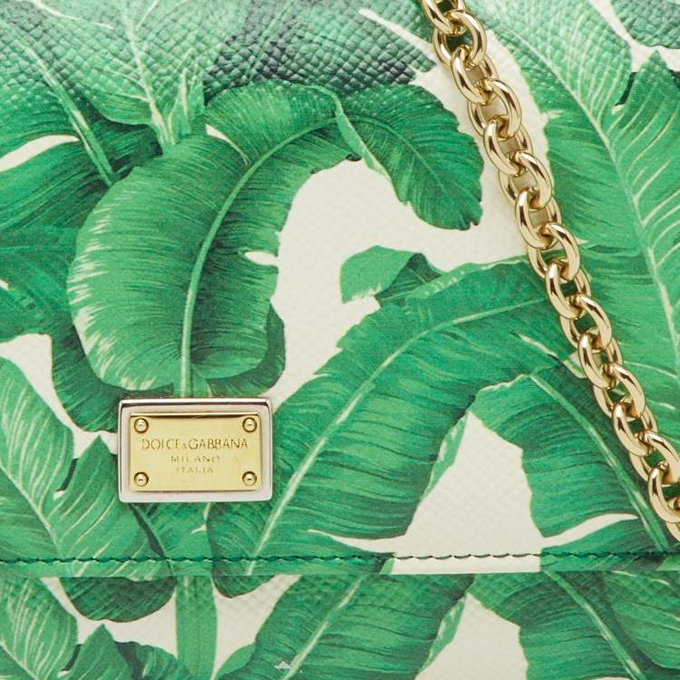 Pre Owned Dolce & Gabbana Green Leaf Print Leather Miss Sicily Von Wallet On Chain