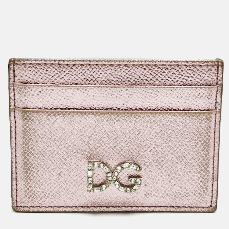 Pre Owned Dolce & Gabbana Metallic Pink Leather DG Crystals Card Holder