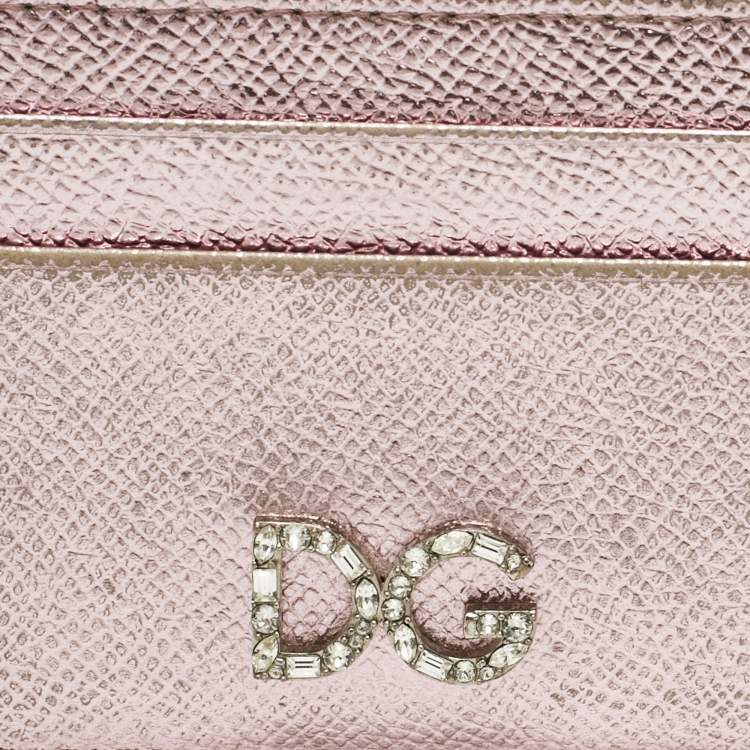 Pre Owned Dolce & Gabbana Metallic Pink Leather DG Crystals Card Holder