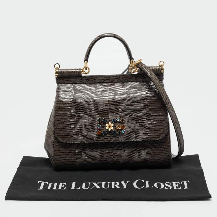 Pre Owned Dolce & Gabbana Dark Grey Lizard Embossed Leather Medium Crystal DG Miss Sicily Top Handle Bag