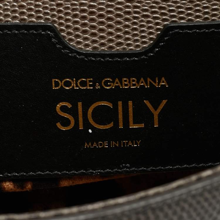 Pre Owned Dolce & Gabbana Dark Grey Lizard Embossed Leather Medium Crystal DG Miss Sicily Top Handle Bag