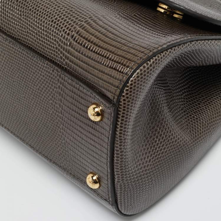 Pre Owned Dolce & Gabbana Dark Grey Lizard Embossed Leather Medium Crystal DG Miss Sicily Top Handle Bag
