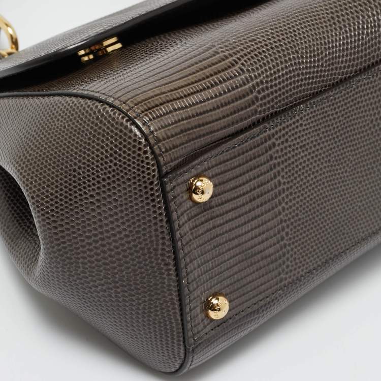 Pre Owned Dolce & Gabbana Dark Grey Lizard Embossed Leather Medium Crystal DG Miss Sicily Top Handle Bag
