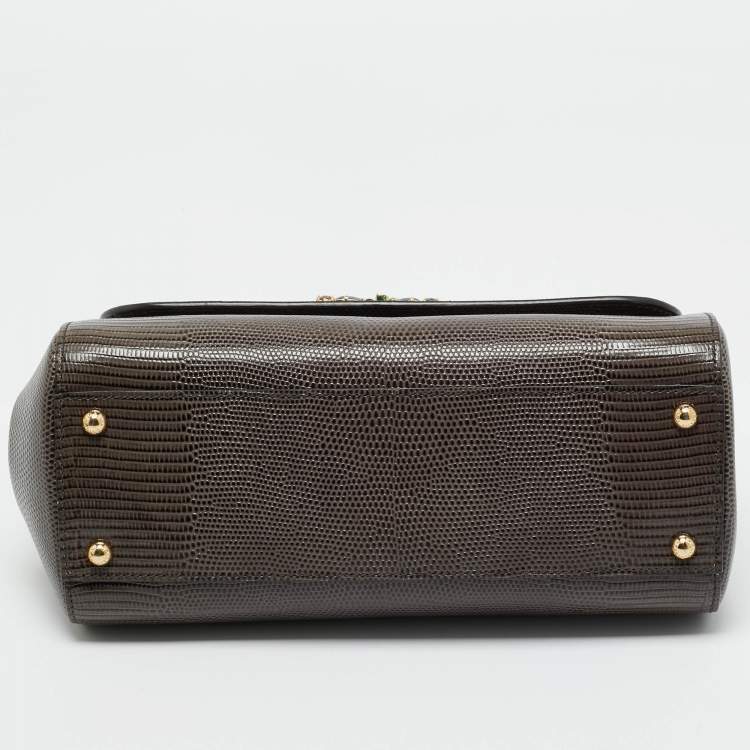 Pre Owned Dolce & Gabbana Dark Grey Lizard Embossed Leather Medium Crystal DG Miss Sicily Top Handle Bag