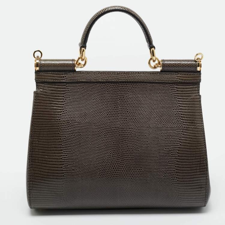 Pre Owned Dolce & Gabbana Dark Grey Lizard Embossed Leather Medium Crystal DG Miss Sicily Top Handle Bag