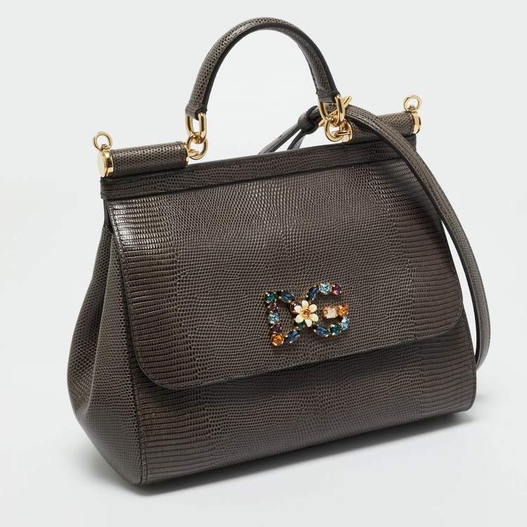 Pre Owned Dolce & Gabbana Dark Grey Lizard Embossed Leather Medium Crystal DG Miss Sicily Top Handle Bag