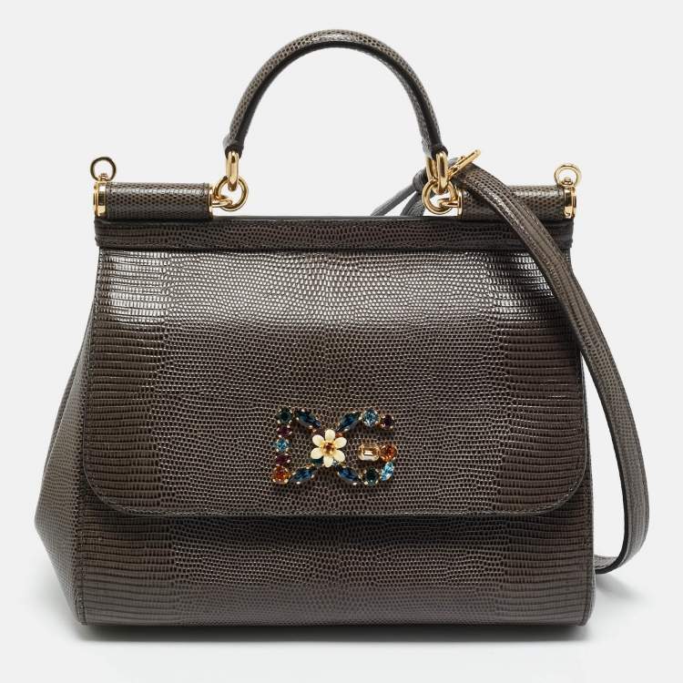 Pre Owned Dolce & Gabbana Dark Grey Lizard Embossed Leather Medium Crystal DG Miss Sicily Top Handle Bag