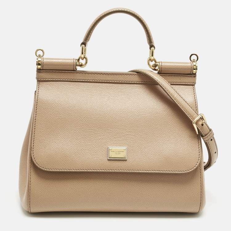 Pre Owned Dolce & Gabbana Beige Leather Medium Miss Sicily Top Handle Bag