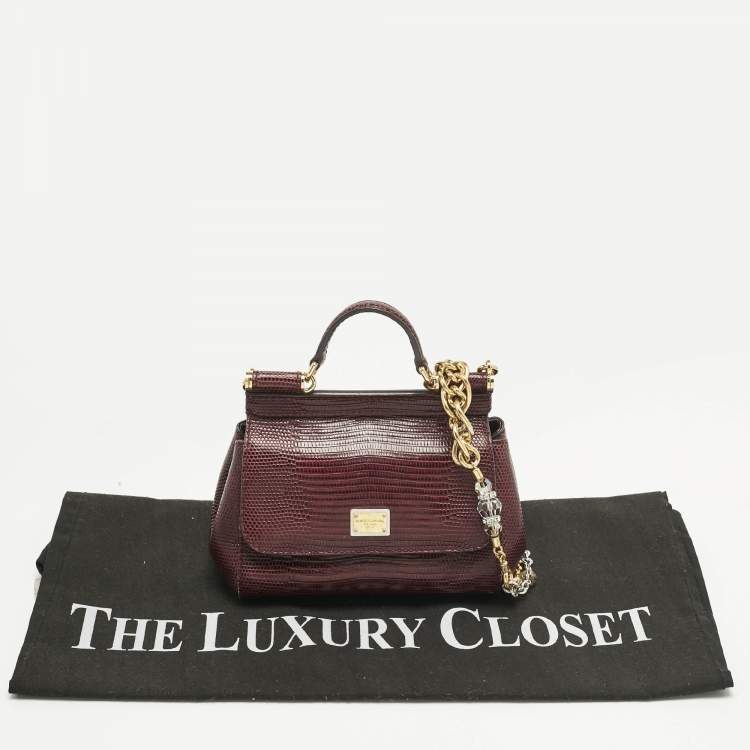 Pre Owned Dolce & Gabbana Burgundy Lizard Embossed Leather Micro Miss Sicily Top Handle Bag