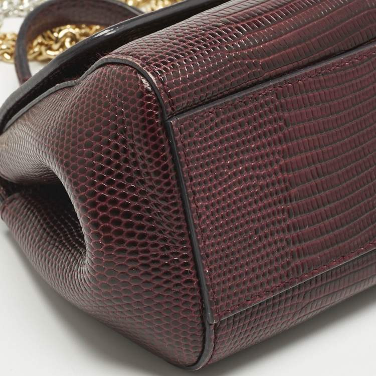 Pre Owned Dolce & Gabbana Burgundy Lizard Embossed Leather Micro Miss Sicily Top Handle Bag