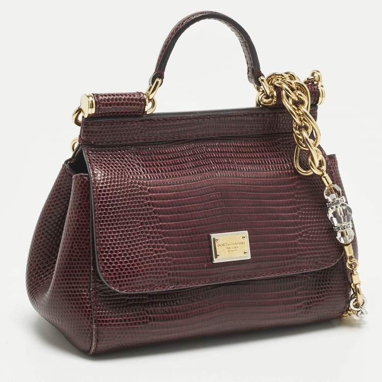 Pre Owned Dolce & Gabbana Burgundy Lizard Embossed Leather Micro Miss Sicily Top Handle Bag
