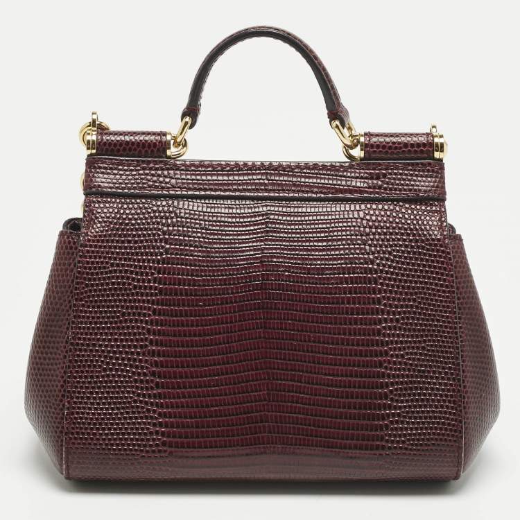 Pre Owned Dolce & Gabbana Burgundy Lizard Embossed Leather Micro Miss Sicily Top Handle Bag