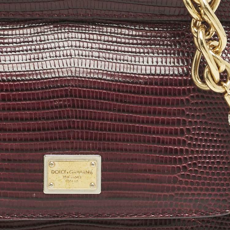 Pre Owned Dolce & Gabbana Burgundy Lizard Embossed Leather Micro Miss Sicily Top Handle Bag