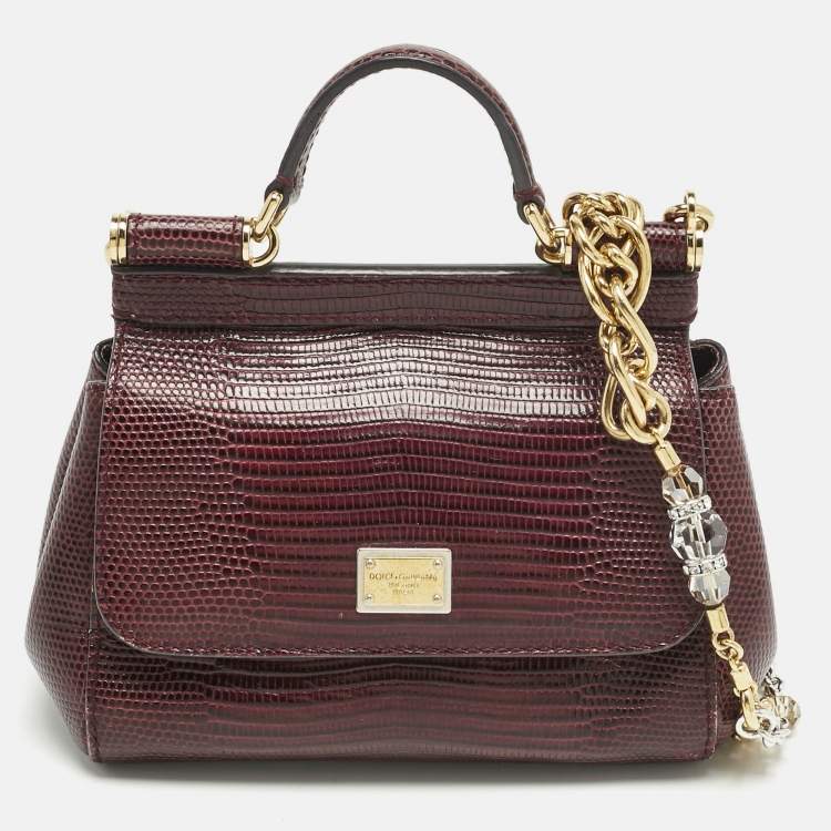 Pre Owned Dolce & Gabbana Burgundy Lizard Embossed Leather Micro Miss Sicily Top Handle Bag