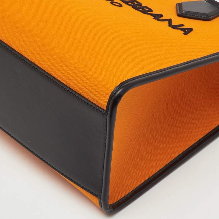 Pre Owned Dolce & Gabbana Orange/Black Canvas and Leather Embroidered Logo Shopper Tote