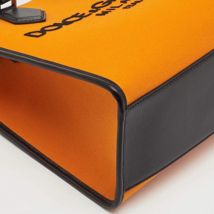 Pre Owned Dolce & Gabbana Orange/Black Canvas and Leather Embroidered Logo Shopper Tote