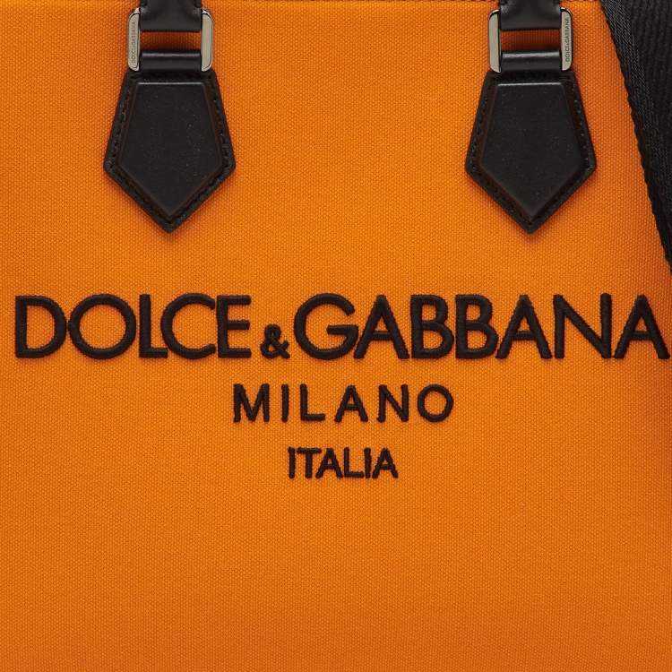 Pre Owned Dolce & Gabbana Orange/Black Canvas and Leather Embroidered Logo Shopper Tote