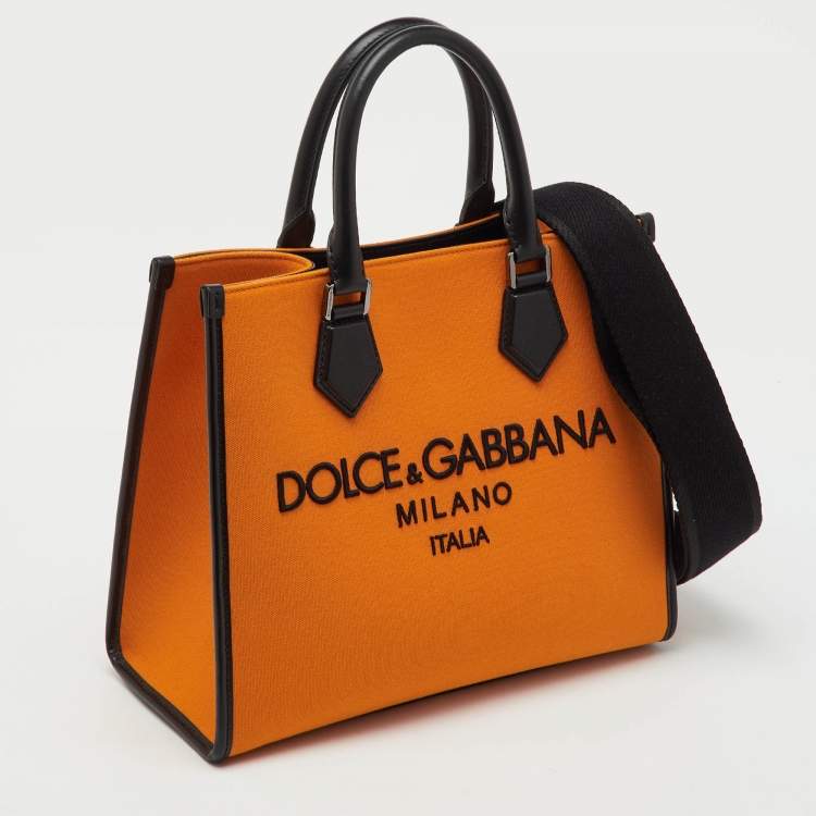 Pre Owned Dolce & Gabbana Orange/Black Canvas and Leather Embroidered Logo Shopper Tote