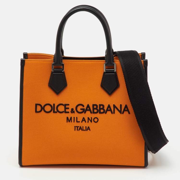 Pre Owned Dolce & Gabbana Orange/Black Canvas and Leather Embroidered Logo Shopper Tote