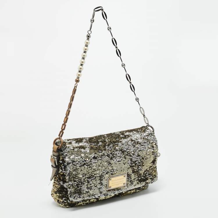 Pre Owned Dolce & Gabbana Gold/Silver Sequin and Leather Miss Charles Shoulder Bag