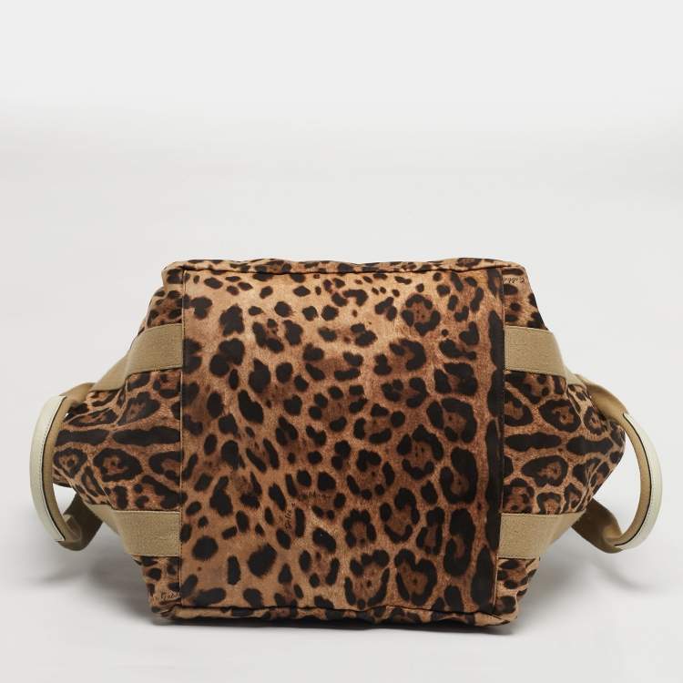 Pre Owned Dolce & Gabbana Brown/Black Leopard Print Fabric and Leather Front Pouch Tote