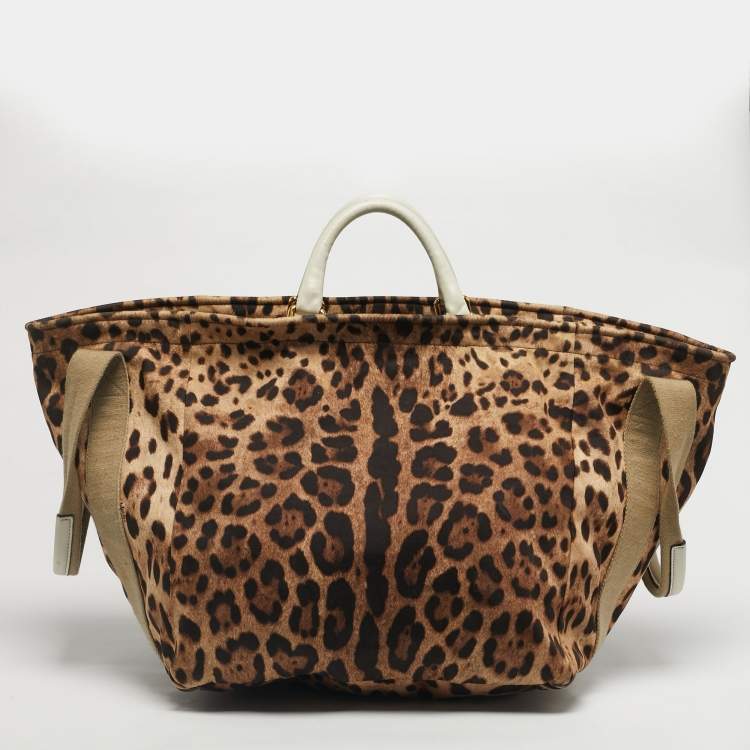 Pre Owned Dolce & Gabbana Brown/Black Leopard Print Fabric and Leather Front Pouch Tote