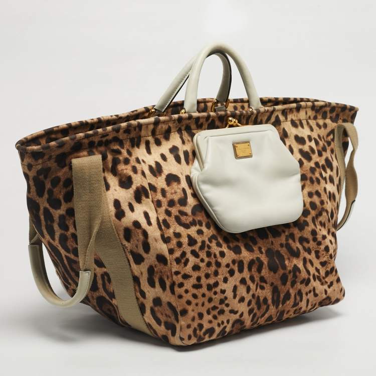 Pre Owned Dolce & Gabbana Brown/Black Leopard Print Fabric and Leather Front Pouch Tote