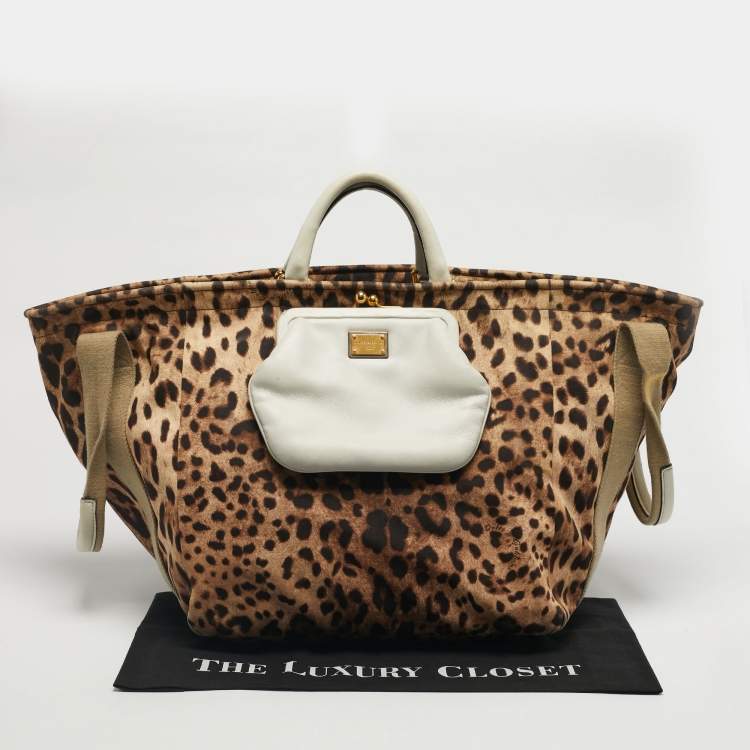 Pre Owned Dolce & Gabbana Brown/Black Leopard Print Fabric and Leather Front Pouch Tote
