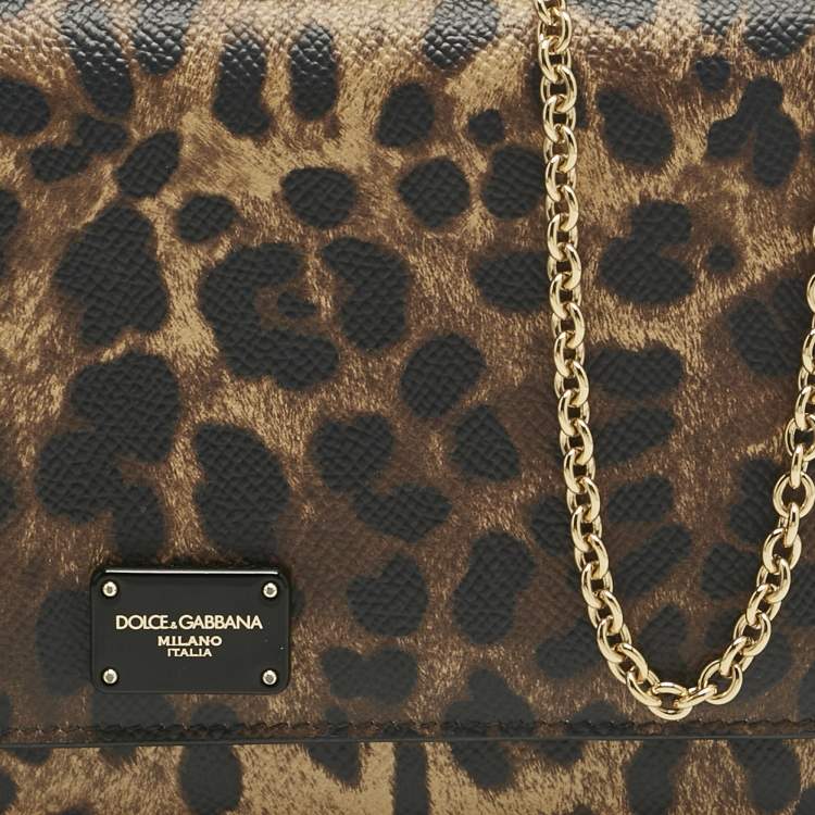 Pre Owned Dolce & Gabbana Beige/Black Leopard Print Coated Canvas Miss Sicily Von Wallet on Chain