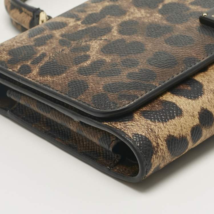 Pre Owned Dolce & Gabbana Beige/Black Leopard Print Coated Canvas Miss Sicily Von Wallet on Chain