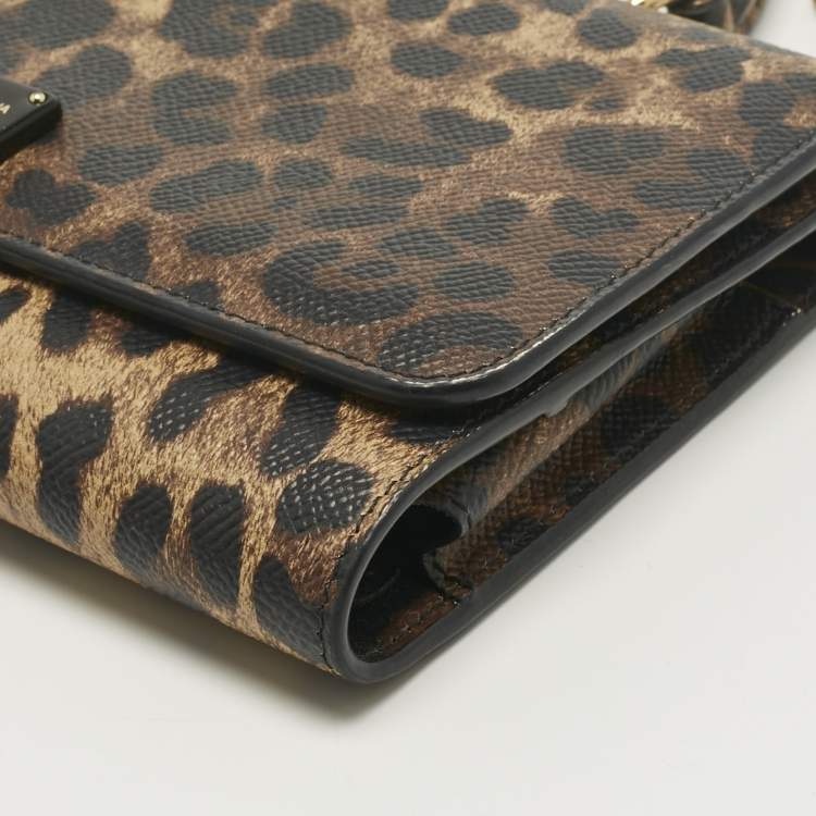 Pre Owned Dolce & Gabbana Beige/Black Leopard Print Coated Canvas Miss Sicily Von Wallet on Chain