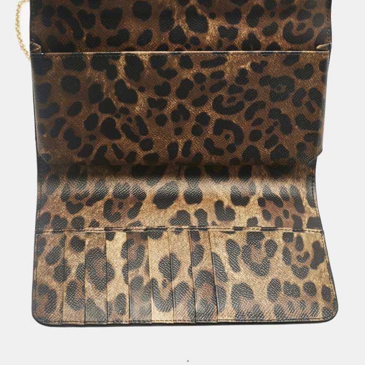 Pre Owned Dolce & Gabbana Beige/Black Leopard Print Coated Canvas Miss Sicily Von Wallet on Chain