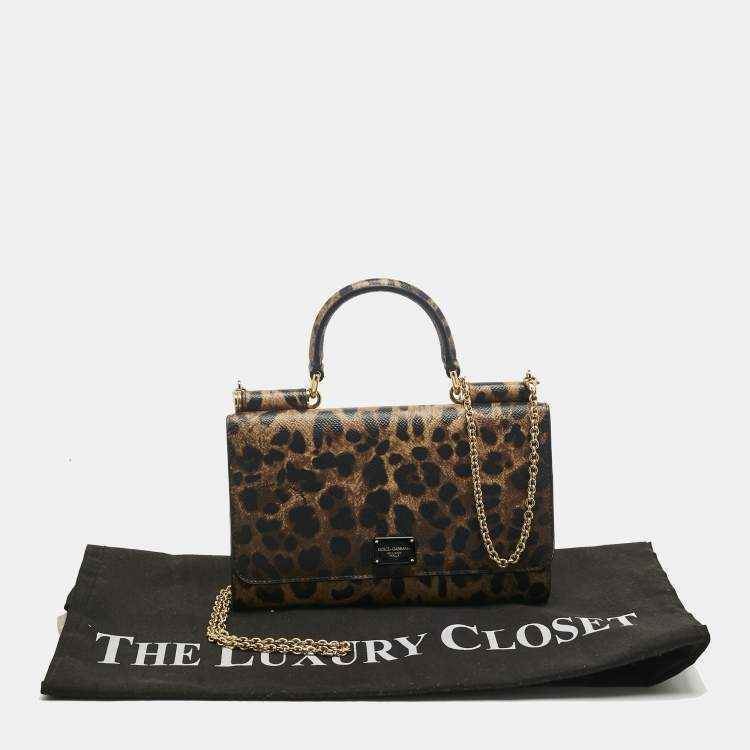 Pre Owned Dolce & Gabbana Beige/Black Leopard Print Coated Canvas Miss Sicily Von Wallet on Chain