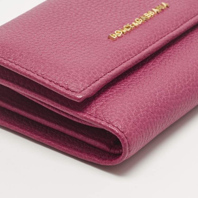 Pre Owned Dolce & Gabbana Pink Leather Logo Trifold Wallet