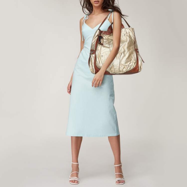 Pre Owned Dolce & Gabbana Gold/Brown Coated Canvas and Leather Miss Exotic Tote