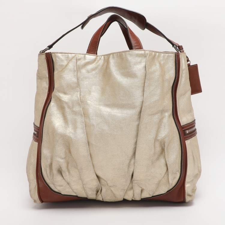 Pre Owned Dolce & Gabbana Gold/Brown Coated Canvas and Leather Miss Exotic Tote