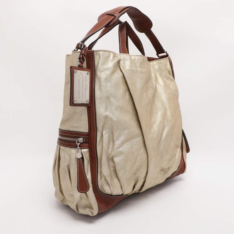 Pre Owned Dolce & Gabbana Gold/Brown Coated Canvas and Leather Miss Exotic Tote