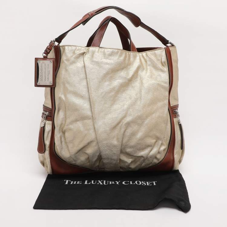 Pre Owned Dolce & Gabbana Gold/Brown Coated Canvas and Leather Miss Exotic Tote