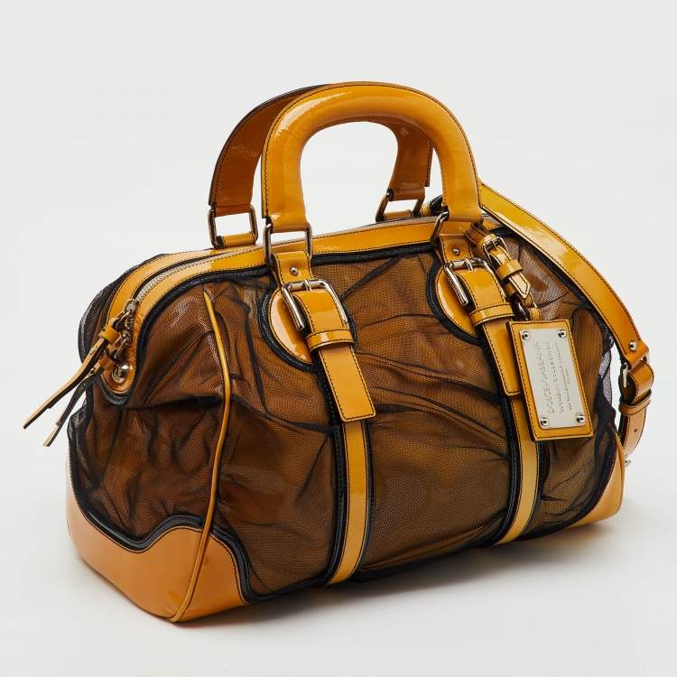 Pre Owned Dolce & Gabbana Yellow/Black Mesh and Patent Leather Miss Romantique Satchel