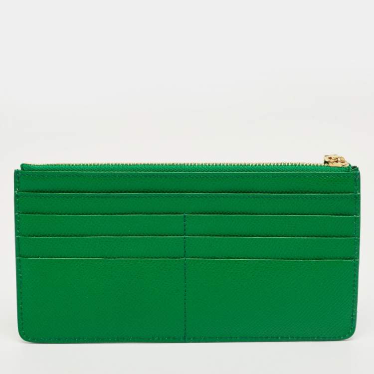 Pre Owned Dolce & Gabbana Green Leather Logo Zip Long Wallet