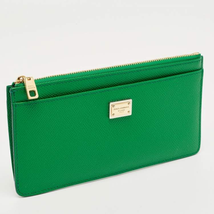 Pre Owned Dolce & Gabbana Green Leather Logo Zip Long Wallet
