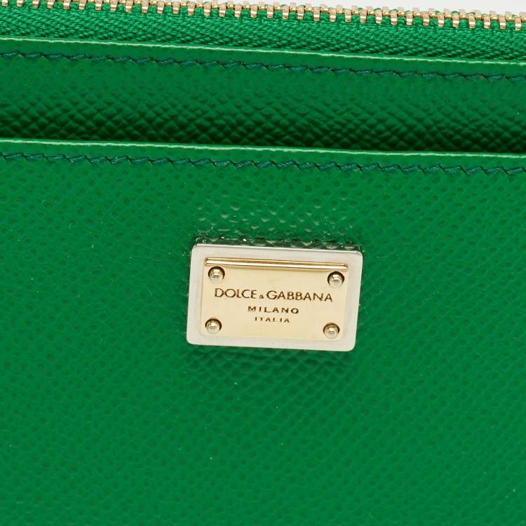 Pre Owned Dolce & Gabbana Green Leather Logo Zip Long Wallet