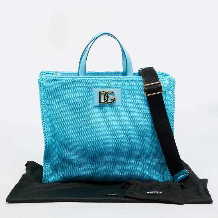 Pre Owned Dolce & Gabbana Light Blue Knitted Crochet DG Logo Tote