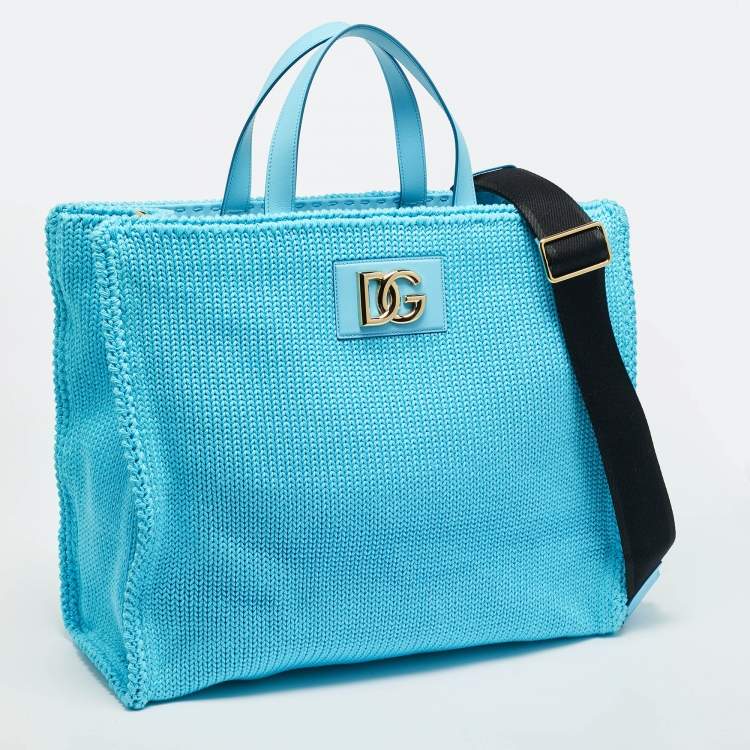 Pre Owned Dolce & Gabbana Light Blue Knitted Crochet DG Logo Tote